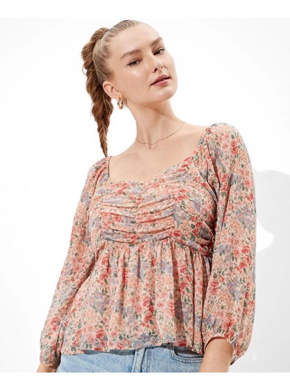 American Eagle, Women's XS, Peach Floral, Smocked Babydoll Top Cropped Shirt.